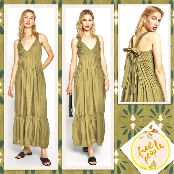 Free People Frankie Pintuck Maxi Dress in Olive (Army Green / Moss)
